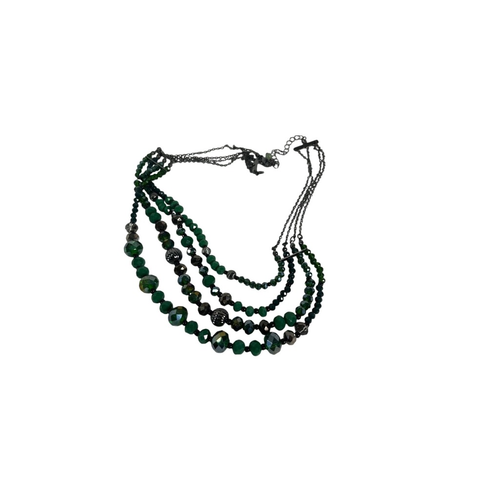 Layered Green Faceted Bead Statement Necklace Multi Strand Gunmetal Chain